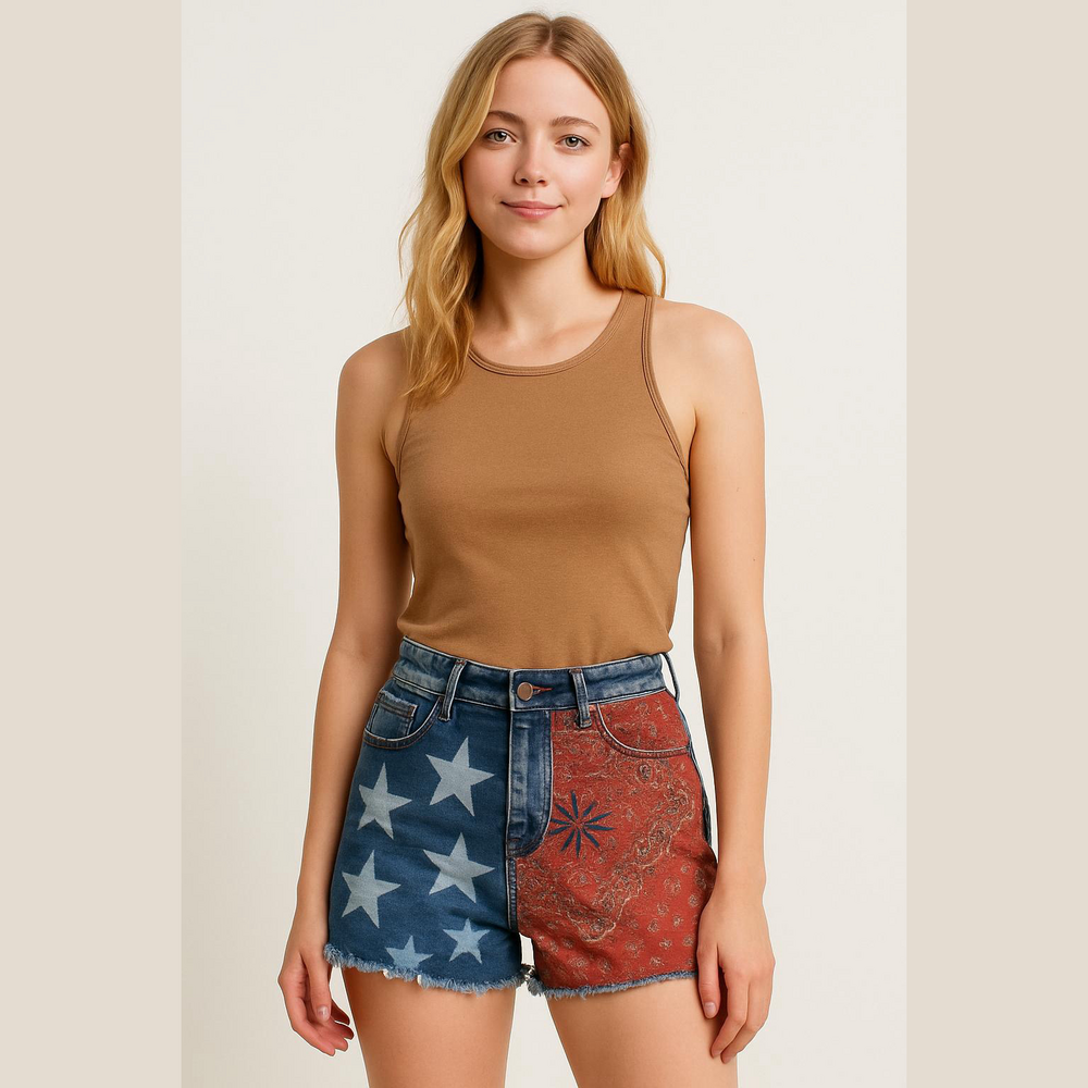 Crazy Train Star Bandana Shorts Womens S Blue Denim Cut Off Mid Rise Y2K Rodeo